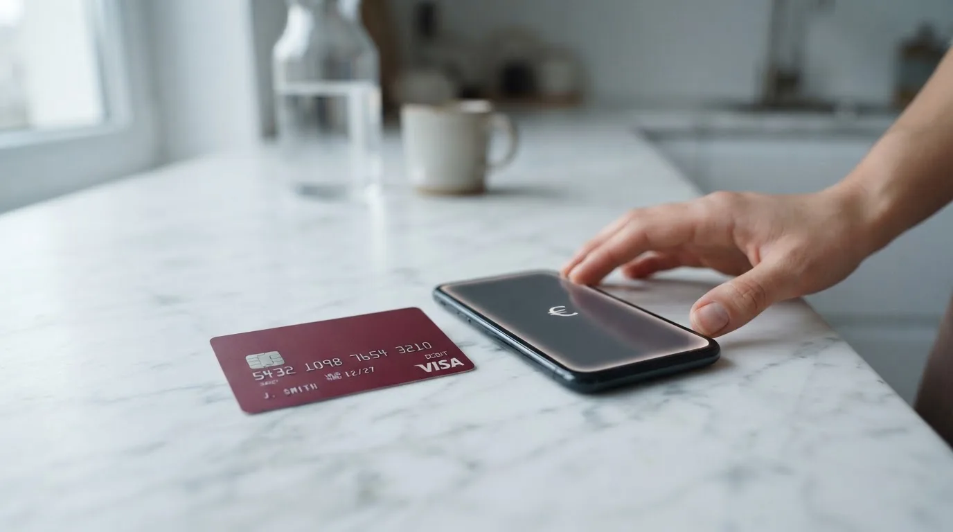 Carte bancaire posée près d'un smartphone affichant une interface de paiement générique.
