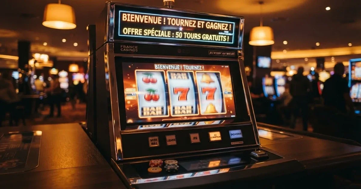 Bannière d'offre de tours gratuits floutée affichée sur un écran, sans logo visible.